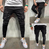 Riolio  Fashion Streetwear Ripped Skinny Jeans Men Side Mulit Pockets Denim Cargo Pants Slim Fit Pantalones Hombre Soft Elastic Joggers