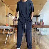 Riolio Summer 2 Piece Set Men Solid Men's Clothes Ice Silk Draped Short Sleeve Tops Long Pants Loose Tracksuit Casual Draping Suits 4XL