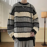 Riolio Japanese Style Vintage Color Blocking Cable Knit Striped Round Neck Sweater For Men And Women Winter Warm Preppy Thickened Knit