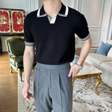 Riolio  High End Fashion Casual England Style Polo Shirt Summer New Versatile Short Sleeve Men Panelled Striped Lapel Breathable Tops