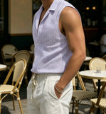 Riolio  Summer New Striped Sleeveless Shirt Men's Slim Breathable Collared Tank Top Lightweight Seersucker Textured Casual Open Vest