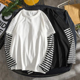 Riolio Student T-Shirts Fake Two Piece Set Striped Long Sleeve O Neck Simple Casual Spring Top Tee Shirts For Men School