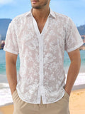 Riolio Summer Vacation Casual Men Shirts Fashion Short Sleeve Buttoned Lapel Breathable Tops Stylish Florals Embroidery Mesh Shirt Mens