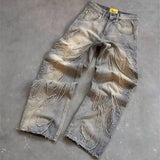 Riolio  Y2k Hip Hop Baggy Jeans Men's Street Fashion Raw Edge Embroidered Jeans Street Gothic Retro High Waisted Wide Leg Trousers