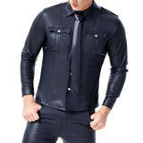 Riolio  Fashion Black Faux Leather Men Oversize Fitness Shirts Long Sleeves Pocket PU Metal Fastener Tops Tees Sexy Slim Fit Sexy Shirt