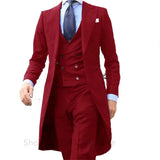 Riolio New Arrivel Long Coat Designs Chinese Red Men Suit Gentle mens Tuxedo Prom Blazer Custom 3 Pieces (Jacket+vest+Pants)