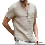 Riolio Summer Cotton Linen Casual T-Shirts Casual Male Short Sleeve V-Collar Breathable Men's Tee Button-up T S-5XL