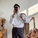Riolio  France England Style Men Shirts New Autumn Solid Lapel Button Pleated Korean Fashion Chic Business Casual Loose Long Sleeve Tops