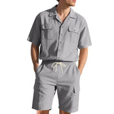 Riolio New Men's Suit Short Sleeve Shorts Two-Piece Set Summer Solid Color Multi-Pocket Workwear Style Sports Casual Loose Shirt Set