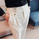 Riolio Spring Autumn Men High Waist Belt Design Casual Slim Formal Dress Pant Men Social Office Wedding Party Dress Suit Pants