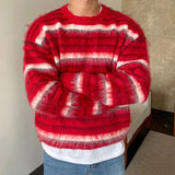 Riolio  Men's Luxury Knitted Mohair Stripe Sweater Chic Long Sleeve Solid Color O Neck Pullover Autumn Korean Trendy Male Clothing M-2XL