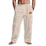 Riolio  Men's Linen Cotton Cargo Pants Drawstring Waist Wide Leg Casual Summer Beach Trousers with Pockets