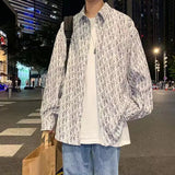 Riolio  New Men's Spliced polo Collar Button Print Fashion Loose Versatile Casual Long Sleeves Shirts