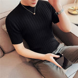 Riolio Summer Knitted Elasticity T Shirt Men Half High Collar Short Sleeve Casual Slim Fit Sweater Tops Tees Social Club T-Shirt