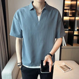 Riolio  V-neck Solid Color Summer Simplicity All-match Men's Clothing Fashion Casual New Short Sleeved Black White Loose T-shirts Top