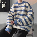 Riolio  Round neck casual and fashionable knit sweater trendy and popular winter pullover for men loose fit long sleeves striped