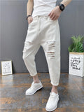 Riolio Korean Ankle-Length Distressed Jeans Men White Breathable Slim Fit Ripped Denim Pants Four Season Narrow Leg Harem Male Trousers