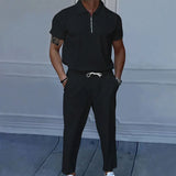 Riolio  Summer new European and American men's solid color suit lapel short sleeve zipper trouser suit