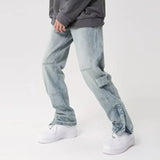 Riolio Cyber Y2K Fashion Washed Blue Baggy Jeans Pants For Men Clothing Ankle Zipper Straight Old Denim Trousers Pantalones Hombre