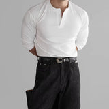 Riolio  New American Fashion Men Henry Collar T-shirt Light Luxury Solid Color Long Sleeve Tops Leisure Light Business Basic Shirt M-3XL