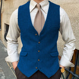 Riolio  Men Vest Blue Herringbone Solid Color Single Button Waistcoat For Wedding Business Banquet Work Formal Men Suit Vest