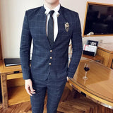 Riolio  ( Jacket Pants ) High-end Brand Casual Business Mens Slim Suit Plaid Groom Wedding Dress Male Formal Stand Collar Suits 2pcs Set
