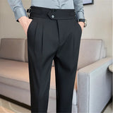 Riolio Spring Autumn Men High Waist Belt Design Casual Slim Formal Dress Pant Men Social Office Wedding Party Dress Suit Pants