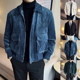 Riolio  Men Casual Corduroy Jacket with Lapel Collar Full Zipper Closure Workwear Loose Fit Coat Outerwear Cardigan for Daily Use
