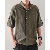 Riolio  New Summer Men Vintage Clothes Stand Collar Solid Casual Cotton Linen Shirts Male Short Sleeve Loose Tops Camisas De Hombre