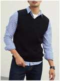 Riolio New Popular Preppy Style Men Sweater Vest Casual Knitted Streetwear Solid Color V Neck Waistcoat Leisure High Quality Knitwear