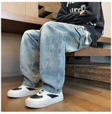 Riolio  Straight Leg Jeans Elastic Waist 2025 New Patchwork Design Utility Cargo Pants Men Big Side Pockets Autumn Workwear Trousers