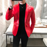 Riolio New Autumn Faux PU Leather Suit Jacket Men Korean Trendy Slim Fit White Red Black Fashion Streetwear Blazer Coat Male
