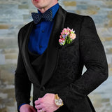 Riolio  Navy blue Men's Suit Jacquard Jacket Pant Vest 3-Piece Set Formal Wedding Groom's Tuxedo Fashion Blazer Elegant Men Suit