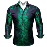 Riolio Luxury Silk Shirts for Men Green Paisley Long Sleeved Embroidered Tops Formal Casual Regular Slim Fit Blouses Anti Wrinkle 615