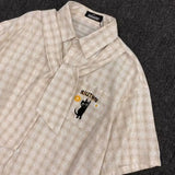 Riolio New Summer Retro American Men and Women Trendy Plaid Collar Short Sleeve College Casual Shirt Embroidered Plaid Loose Casual y2k