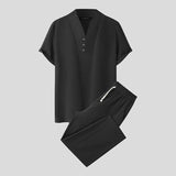 Riolio Casual Well Fitting Suits  New Men's Solid Short Sleeve V-Collar Tops Trousers Simple All-match Two-piece Sets S-5XL