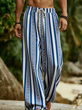 Riolio  Vacation Men Striped Beach Pants Bohemian Geometric Pattern Drawstring Loose Wide Leg Trousers Summer Casual Resort Wear