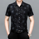 Riolio  Men's Summer Ice Silk Short Sleeved Shirt Maple Leaf Print Business Casual Trend