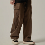 Riolio  Big Side Pocket Men's Pants Spring Vintage Wide Leg Straight Button Multiple Pockets Work Cargo Pants Male Drawstring Trousers