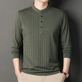 Riolio  Men Long Sleeve Spring Autumn Fashion Polo Shirts Stand Collar Business Half Open Collar Bottoming Striped Slim Comfortable Tops