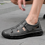 Riolio  Summer Men Genuine Leather Outdoors Sandals Casual Leather Hollow Soft Bottom Breathable Soft Sole Shoes Classic Fashion Sandals