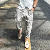 Riolio  Men's Striped Linen Blend Harem Pants Elastic Waist Drawstring Casual Trousers