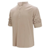 Riolio Men's Cotton Linen Long Sleeve Polo Shirt Lightweight Henley Neck Hawaiian Beach Style Solid Color Tops Vacation T-shirt