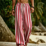 Riolio  Vacation Men Striped Beach Pants Bohemian Geometric Pattern Drawstring Loose Wide Leg Trousers Summer Casual Resort Wear