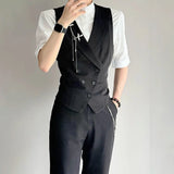 Riolio  Men Irregular Slant Button Vest Streetwear Fashion Youth Outdoor Casual Deconstructed Cropped Sleeveless Dark Punk Layered Gilet