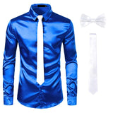 Riolio Black Mens Silk Dress Shirts 3Pcs(Shirt +Tie+Bowtie) Smooth Satin Shirt Men Slim Fit Party Prom Casual Shirts Men Social Camisa