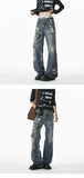 Riolio Jean Men Unique Design Graffiti Street Style Drag Jeans Urban Trendy Fashion Distressed Long Fit Casual Denim Pants Edgy Hip Hop