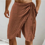 Riolio  Men's Bohemian Cotton Linen Shorts Side Tie Wrap Design Casual Summer Beachwear with Frayed Hem