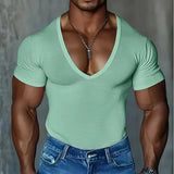 Riolio  Summer Men's T-shirts Deep V Neck Solid Color Gym Muscle Fitness Undershirt Tee Tops Short Sleeve T Shirt For Men Clothing
