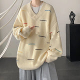 Riolio Korean lazy style striped V-neck sweater for men and women in autumn and winter trendy loose casual couple Harajuku casual top